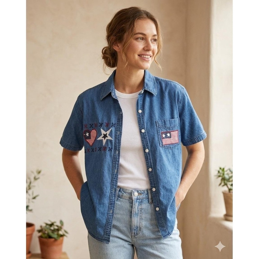 Vintage Americana Patriotic Embroidered Denim Button-up Shirt Women Size Large